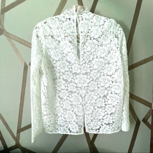SANDRO | 🤍 White Lace Mock Neck Blouse w/ Thin Pinstripe Panel | Size 1 (Small) - Picture 7 of 16